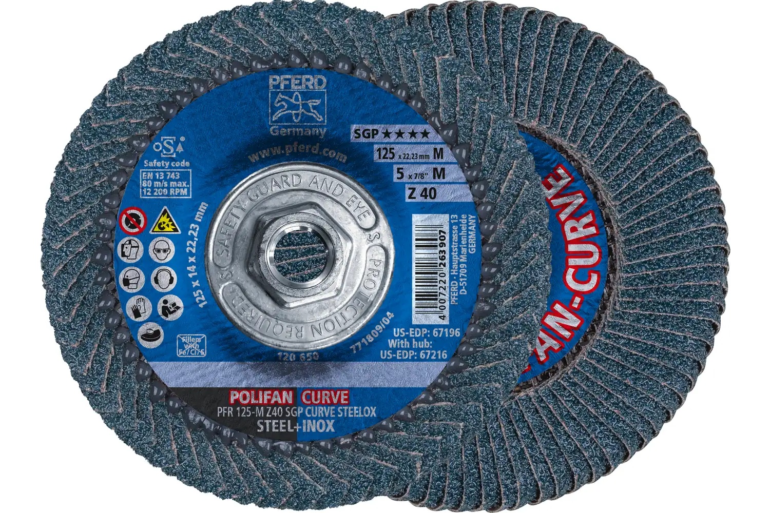 Picture of Pferd Flap Disc, 5" x 5/8-11, Z SGP Curve Steelox, 40 Grit, Medium Radius, Zirconia